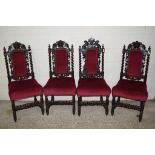 SET OF HEAVILY CARVED OAK UPHOLSTERED DINING CHAIRS, EACH HEIGHT APPROX 111CM
