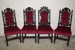 SET OF HEAVILY CARVED OAK UPHOLSTERED DINING CHAIRS, EACH HEIGHT APPROX 111CM