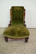 STAINED WOOD 19TH CENTURY BUTTON BACK UPHOLSTERED NURSING CHAIR, WIDTH APPROX 64CM MAX