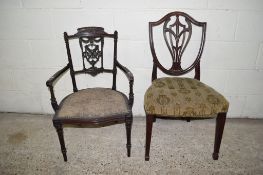 MAHOGANY SHIELD BACK UPHOLSTERED DINING CHAIR, HEIGHT APPROX 92CM, TOGETHER WITH A SMALL REGENCY