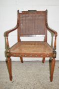 GOOD QUALITY PAINTED WOOD ELBOW CHAIR WITH CANE SEAT, WIDTH APPROX 56CM