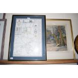 MAP OF AYLSHAM IN WOODEN FRAME, TOGETHER WITH A WATERCOLOUR OF A WOOD SCENE