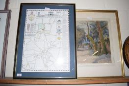 MAP OF AYLSHAM IN WOODEN FRAME, TOGETHER WITH A WATERCOLOUR OF A WOOD SCENE