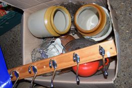 BOX CONTAINING CERAMIC ITEMS INCLUDING POTTERY JARS, COAT RACK ETC