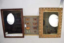 MIRROR IN WOODEN FRAME, TOGETHER WITH A BOXED SET OF BUTTERFLIES