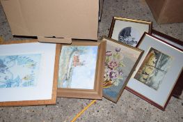BOX CONTAINING QUANTITY OF VARIOUS PICTURES, PRINTS IN WOODEN FRAMES