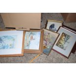 BOX CONTAINING QUANTITY OF VARIOUS PICTURES, PRINTS IN WOODEN FRAMES