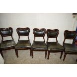 SET OF FIVE LEATHER UPHOLSTERED MAHOGANY BALLOON BACK CHAIRS, EACH HEIGHT APPROX 92CM