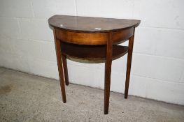 SMALL STAINED WOOD DEMI-LUNE TABLE, WIDTH APPROX 75CM MAX