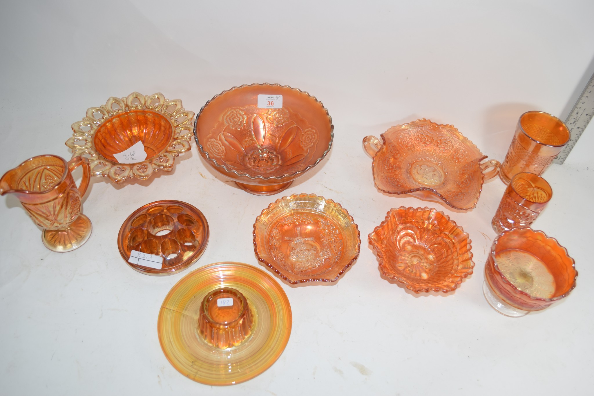 CARNIVAL GLASS WARES INCLUDING SMALL BOWL IN THE WILD ROSE PATTERN, SMALL VASE IN THE LATTICE AND - Image 2 of 2