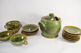 GREEN GLAZED KITCHEN ITEMS INCLUDING BOWLS AND COVERS