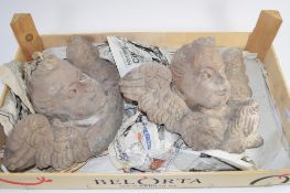 WOODEN BOX CONTAINING TWO CARVED STONE ANGELS