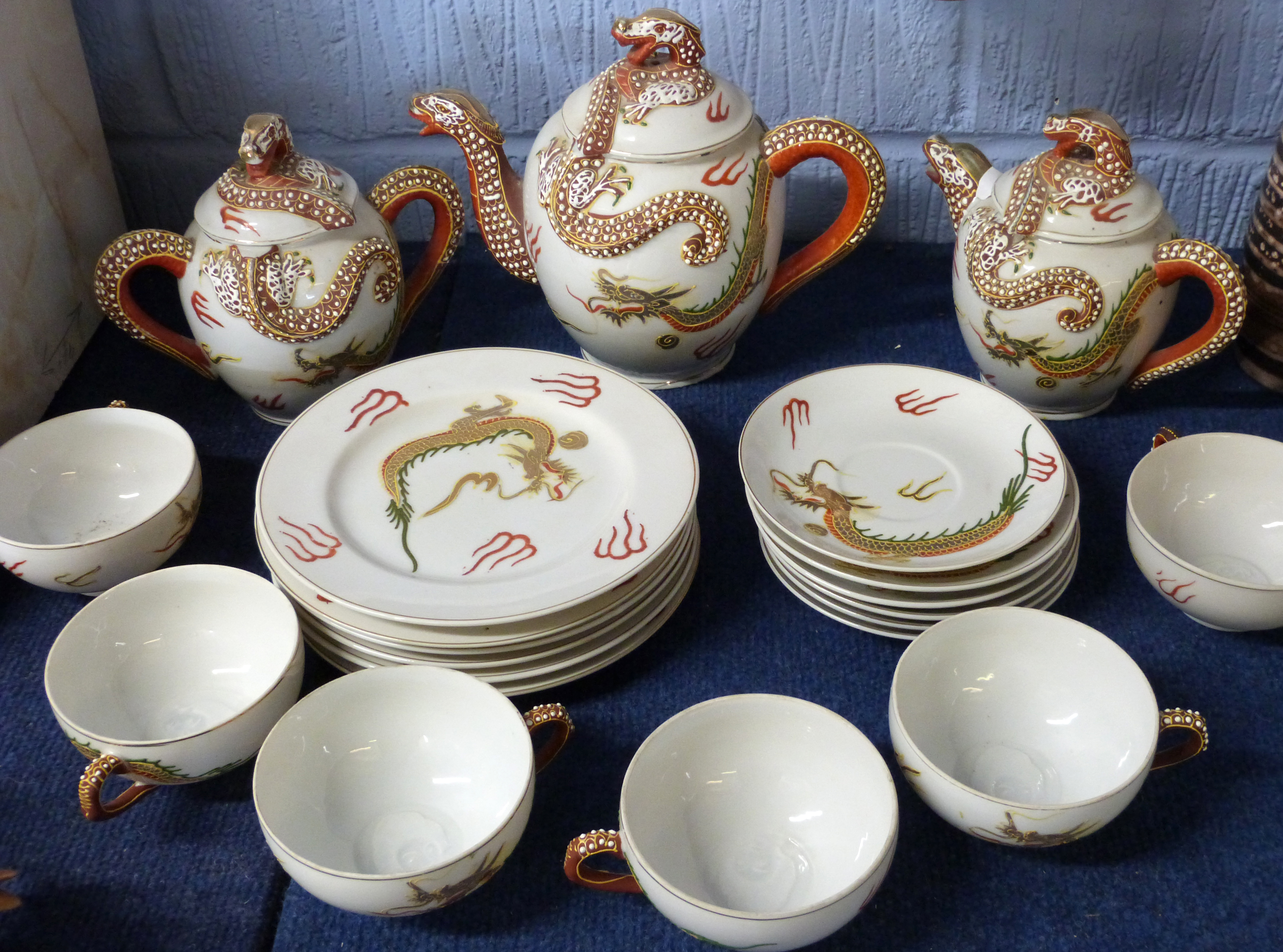 Mid-20th century Japanese porcelain tea set, the cups with a lithophane of a geisha girl in the