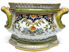 Large French faience jardiniere, decorated in typical fashion with factory marks to base, 25cm diam