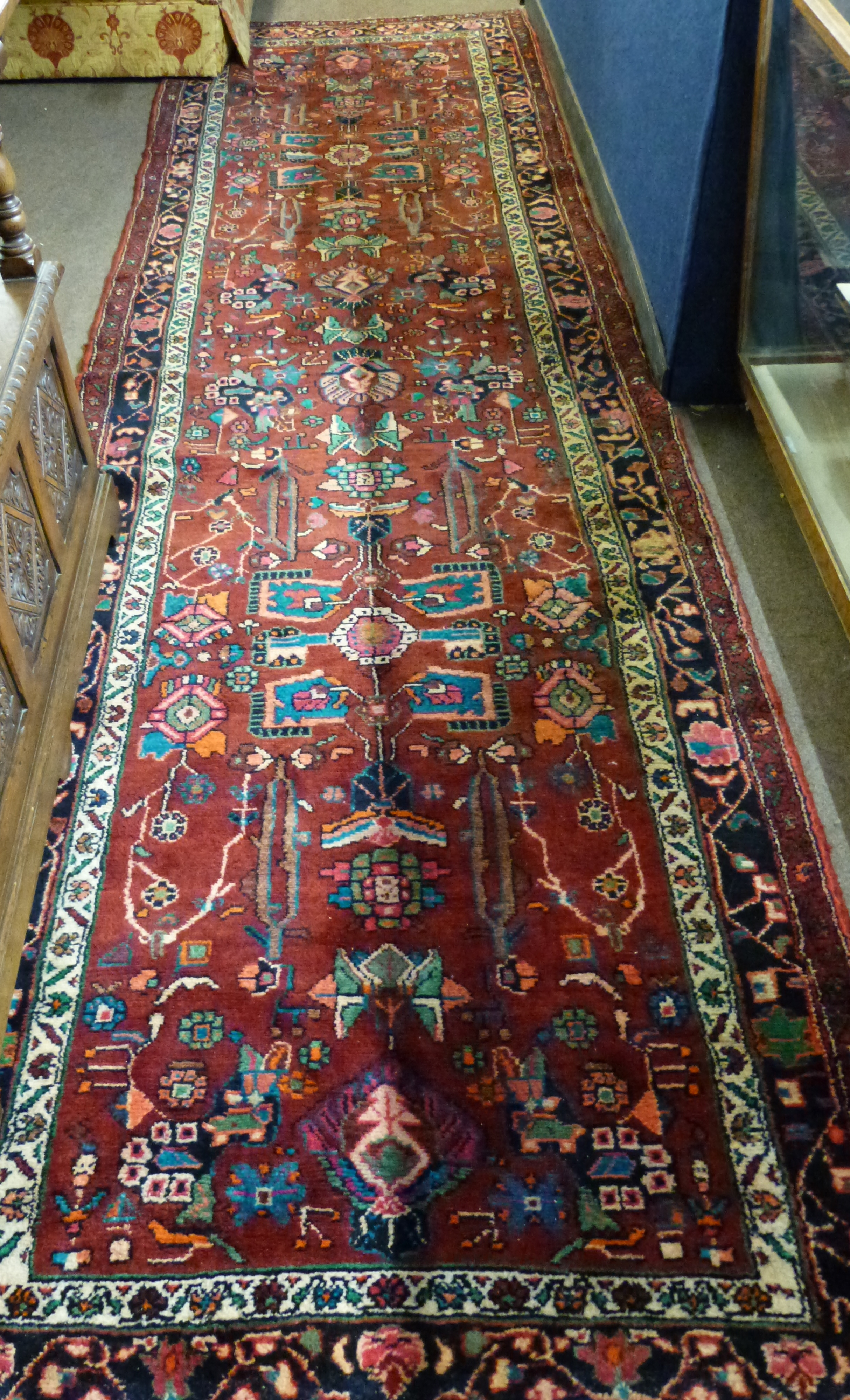 Large rich red ground, full pile, Iranian runner, bespoke all over design in red, pink, beige and