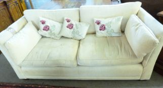 Mark Elliot cream fabric covered three-seater settee with four removable cushions and five