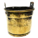Brass pot with two lug handles and engraved design with the name "Marie Barbie and Gris", 14cm diam