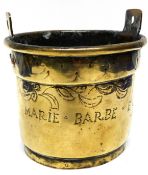 Brass pot with two lug handles and engraved design with the name "Marie Barbie and Gris", 14cm diam