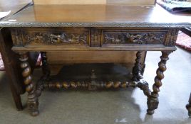 Victorian style oak hall table, the plain rectangular top with lunette carved edges, two carved