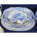 Collection of blue and white wares including a Miles Mason dish, two larger dishes with a floral