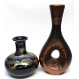 Pair of Studio pottery vases, one with a gilt design on black ground, the base marked "Sarra", the