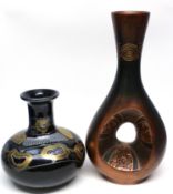 Pair of Studio pottery vases, one with a gilt design on black ground, the base marked "Sarra", the