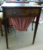 George III period mahogany ladies work/writing table having a cross banded top (cracks) with pull up