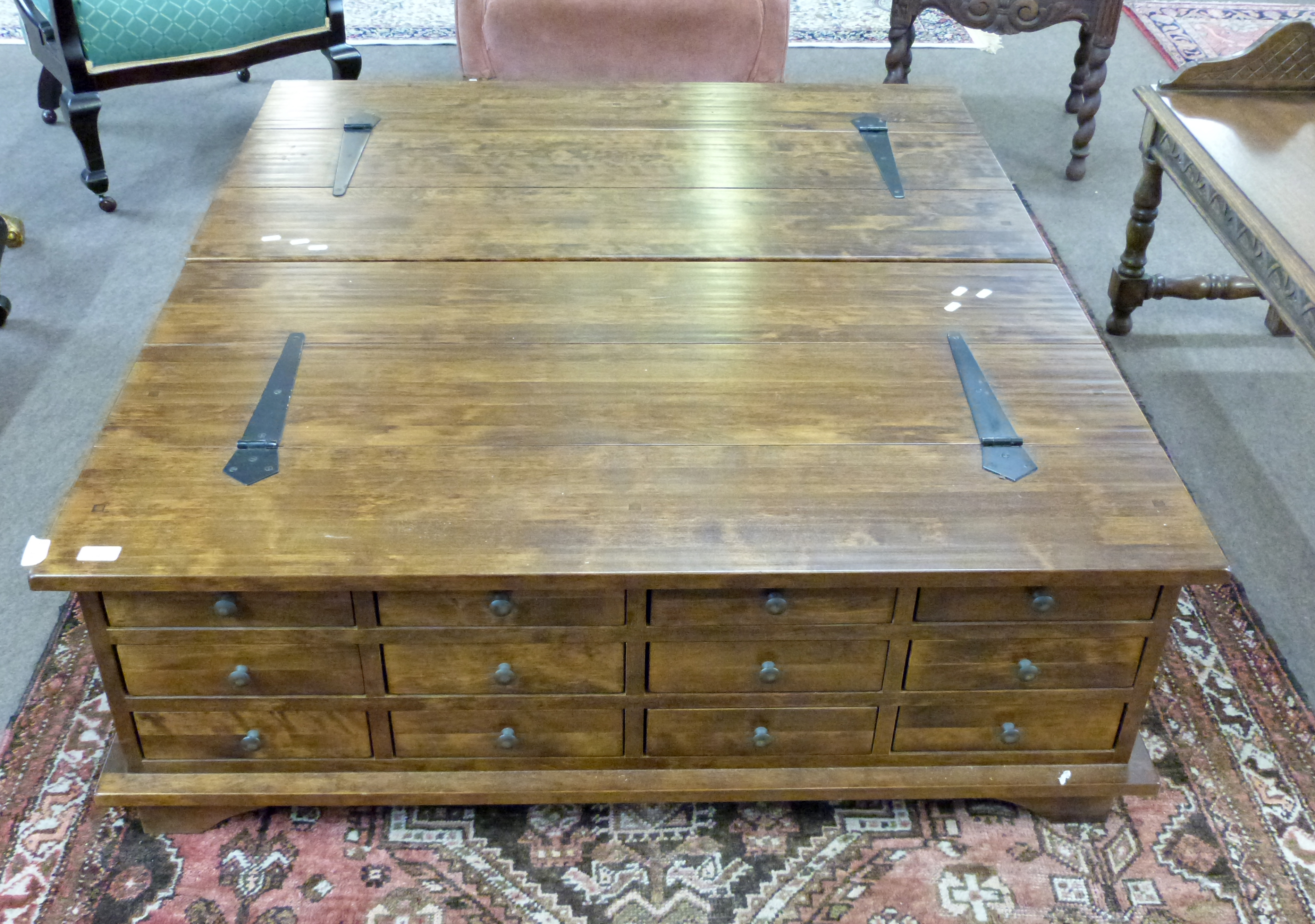 Pair of 20th century hardwood multi-drawer/lifting top chests/coffee tables, 118cm wide x 67cm