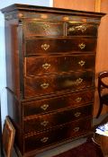 George III period inlaid mahogany chest on chest, the upper section fitted with two short and