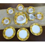 Tuscan china part tea set comprising 4 cups, saucers, milk jug, sugar bowl, sandwich plate etc