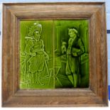 Two framed green glazed tiles, one of a Cavalier, one of a gentleman, both in wooden frames