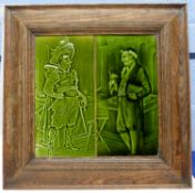 Two framed green glazed tiles, one of a Cavalier, one of a gentleman, both in wooden frames