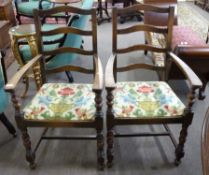 Pair of 20th century oak ladderback armchairs with floral and bird printed cloth covered seats (2)