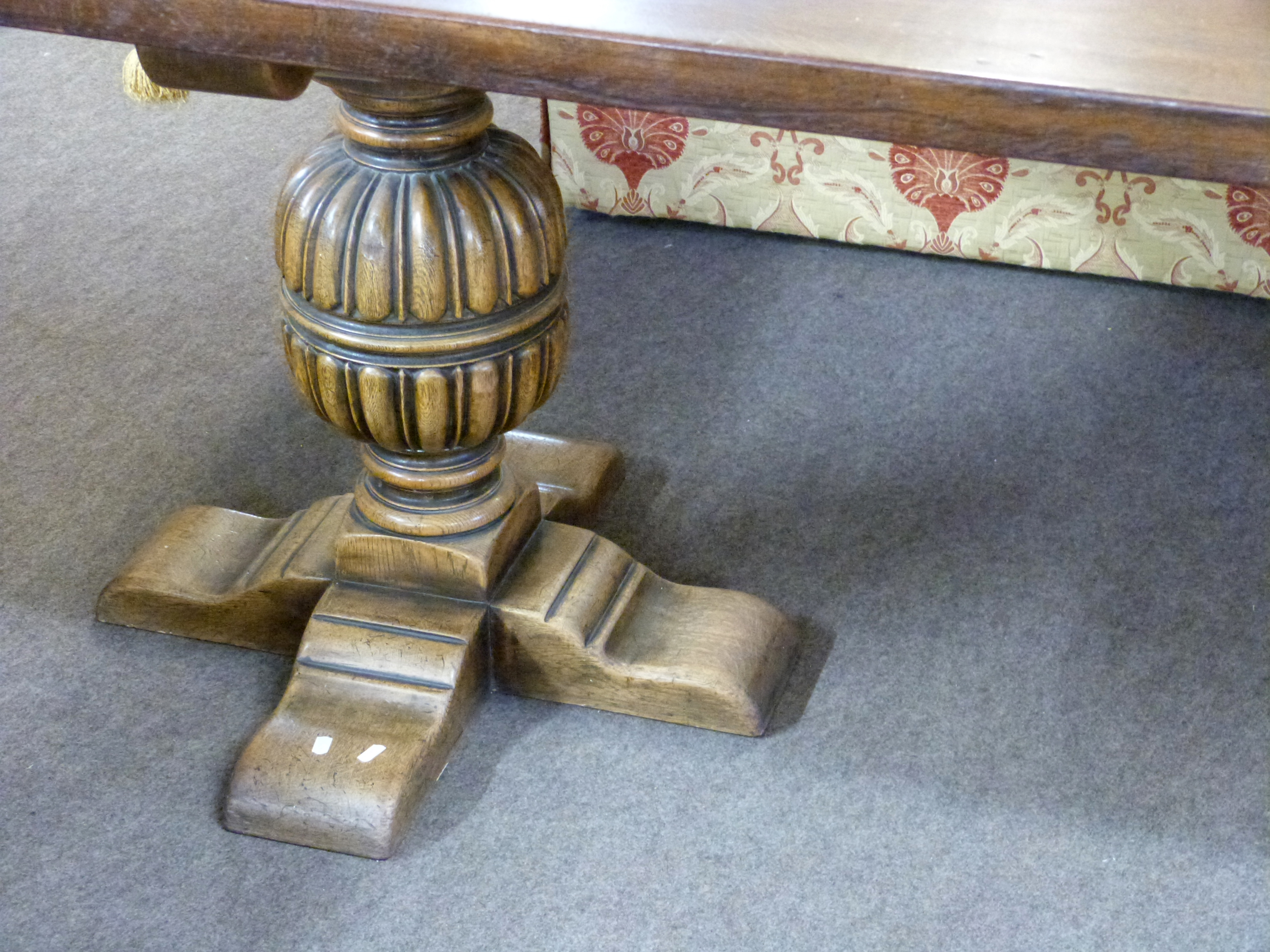 20th century solid oak small refectory dining table with plain three-section top supported on two - Image 3 of 3