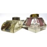 Two 1930s glass inkwells, one with brass mount, the other with silver metal mount, one with an Art