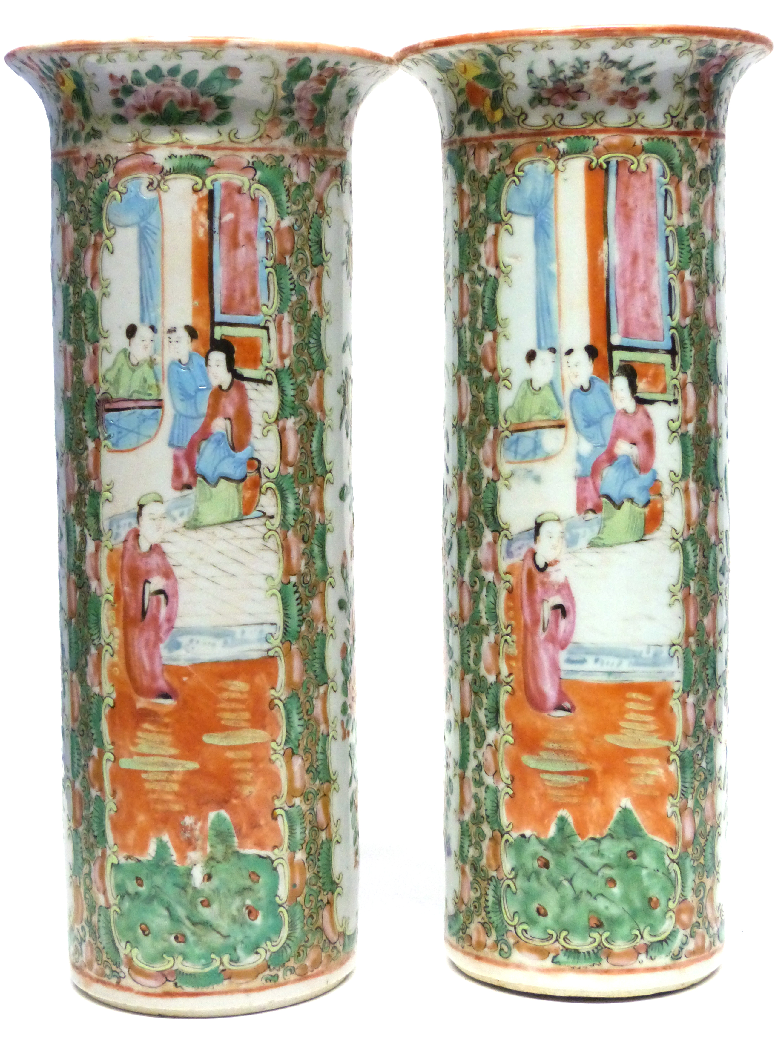 Pair of cylindrical Cantonese vases decorated in a famille rose palette with panels of Chinese