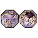 Pair of octagonal dishes with tube lined designs, one with fish, the other with flowers, in