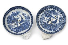 Pair of Caughley egg strainers in underglaze blue with the fisherman pattern (2)