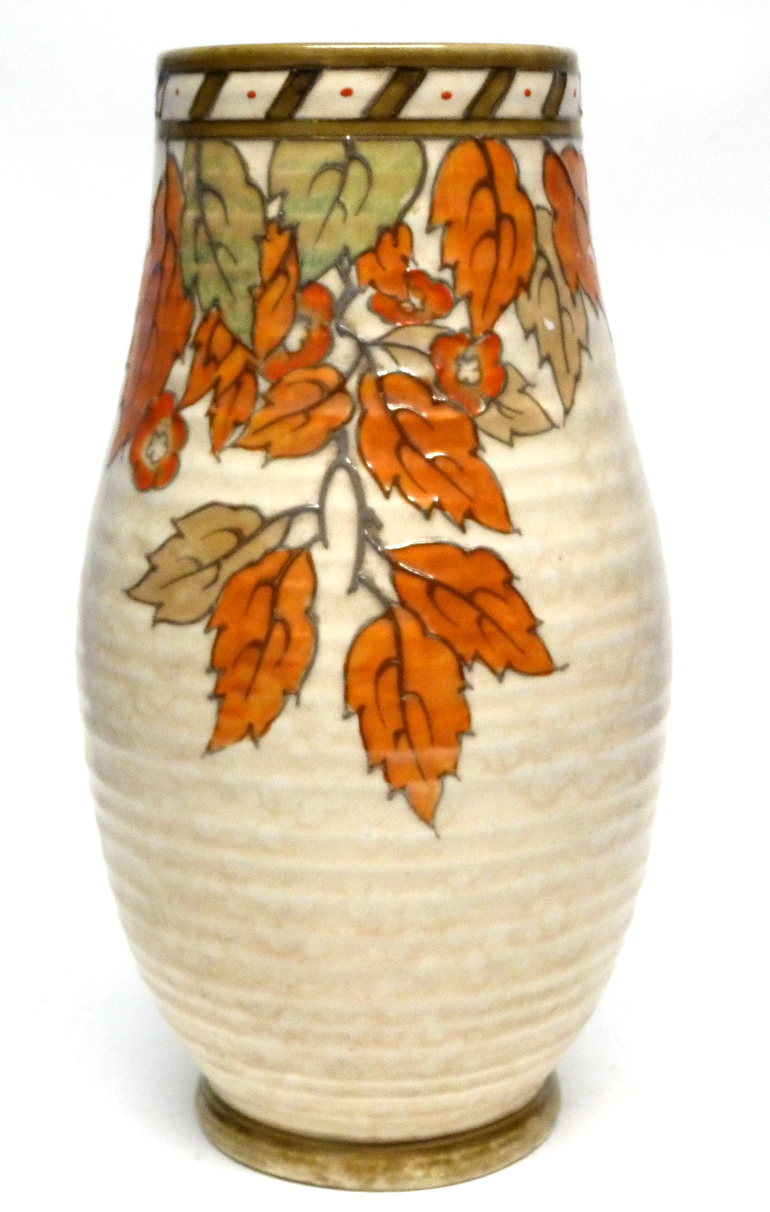 Art Deco vase by Charlotte Rhead in the Autumn leaves pattern, the base with factory mark for