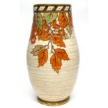 Art Deco vase by Charlotte Rhead in the Autumn leaves pattern, the base with factory mark for