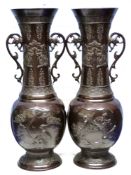 Pair of Japanese bronzed spelter vases decorated in Meiji style with birds and prunus with loop