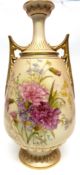 Royal Worcester vase, the blush ground decorated with floral sprays in red with gilt highlights