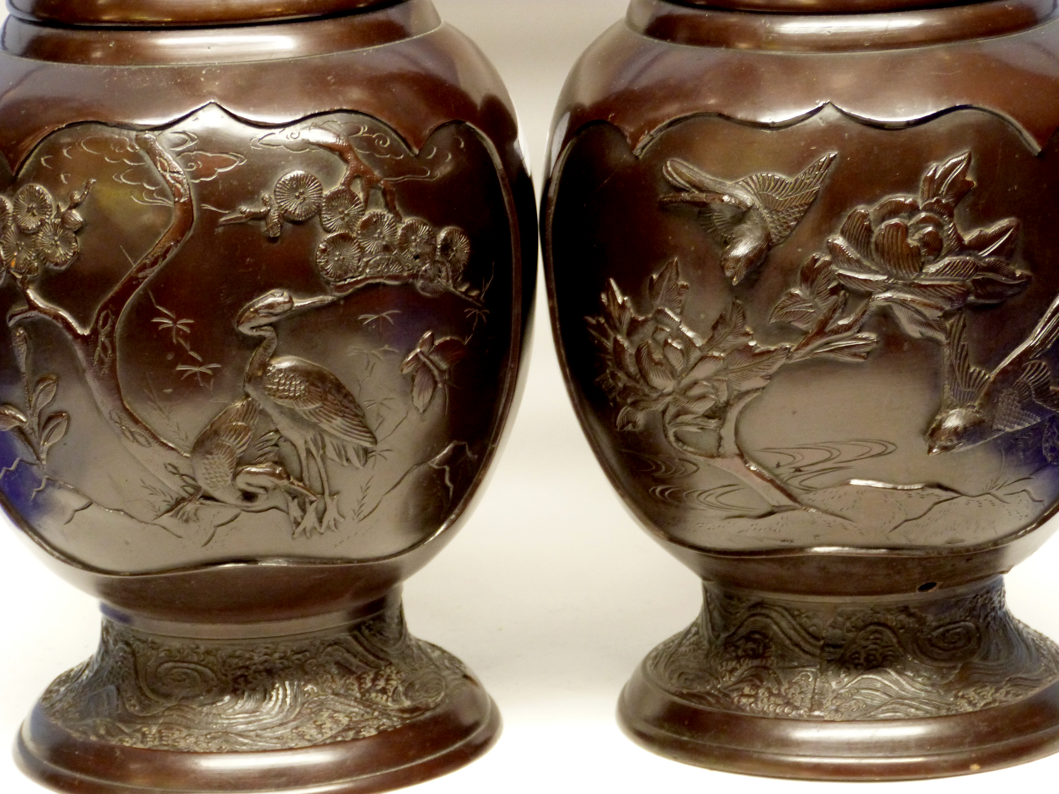 Pair of Japanese bronzed spelter vases decorated in Meiji style with birds and prunus with loop - Image 2 of 2