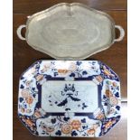 Large English porcelain meat dish together with a plated silver tray (2)