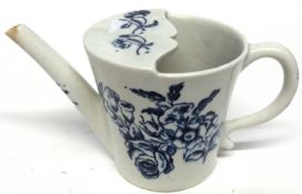 Lowestoft porcelain feeding cup decorated in underglaze blue with prints of flowers and butterflies,