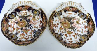 Pair of 19th century shell shaped Derby dessert dishes decorated with an Imari design and gilt