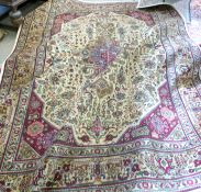 Vintage Persian Tabris beige ground carpet with traditional geometric design, in red and shades of