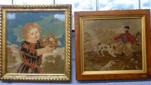 Embroidery of a young boy holding a basket of flowers in gilt frame, together with a embroidery of a