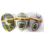 Group of three Halcyon Days enamel Easter Eggs for 1989, 1990 and 1991, all in original boxes with