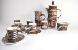 Rye Pottery coffee set comprising coffee pot, milk jug, sugar bowl and six coffee cups and